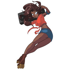 Anime style black girl on roller skates, with boombox on her shoulder