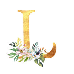 Romantic gold letter A with drawn watercolor flowers. Elegant emblem for book design, brand name, wedding invitation thanks card