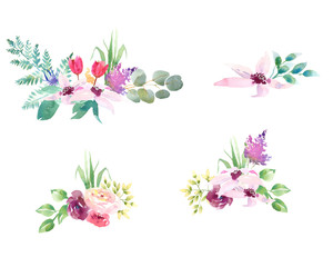 Collection spring Wedding romanric watercolor bouquet. Hand drawing watercolor blue pink and purple flowers ornament