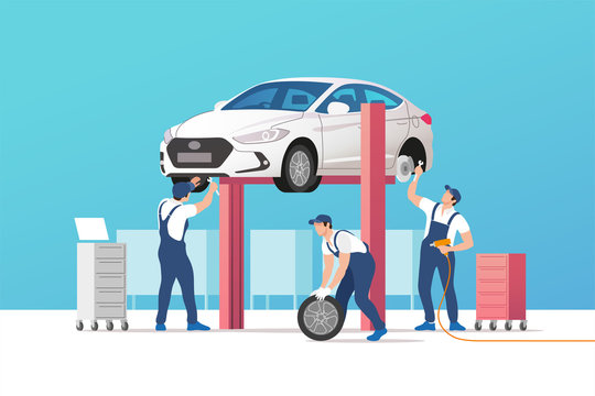 Car service and repair. Automobile in maintenance workshop with mechanics team. Vector illustration.