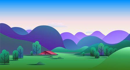 Natural morning landscape with green hills, trees, mountains and camping tent on meadow - vector illustration background.