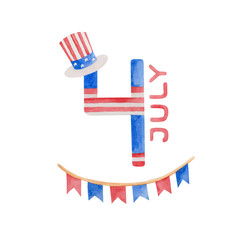 Hand painted watercolor illustration 4th of july independence day holiday celebration set of objects  hat, star, flags, shield, festoon, cupcake, number four аnd garland with American flag USA