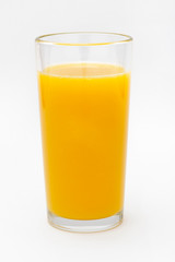 a glass of orange juice on a white background