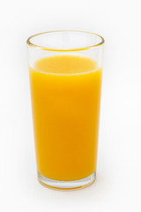 a glass of orange juice on a white background