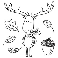Cute deer design- funny hand drawn doodle, cartoon character. Good for coloring book, poster or t-shirt textile graphic design. Vector hand drawn illustration.