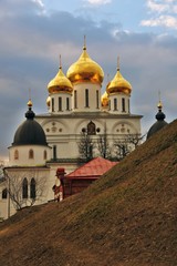 Dormition church. Kremlin in Dmitrov, old historical town in Moscow region, Russia. Color winter photo. Popular landmark.
