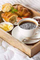 Morning breakfast in bed with coffee