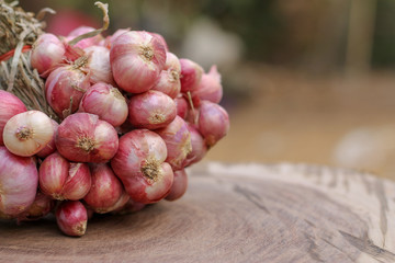 Shallots still on wood background