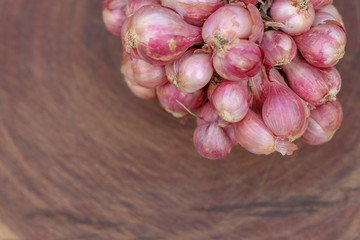 Shallots still on wood background