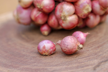 Shallots still on wood background