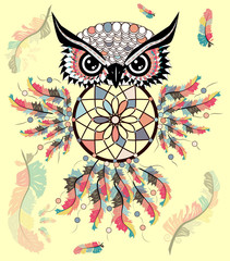 Hand drawn ornate spiritual symbols, totemic and mascot Owl with the dream catcher and mandala. Boho style