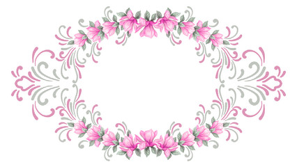 Hand drawn painting watercolor pencils and paints pink magnolia flowers isolated on white background