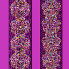 Vertical seamless lace pattern with paisley and flowers. Vector set of 2. Purple  background. Use for embroidery, braid, tape, ribbon.