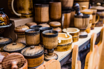 Wooden utensils on the counter in Georgia. Environmentally friendly dishes.