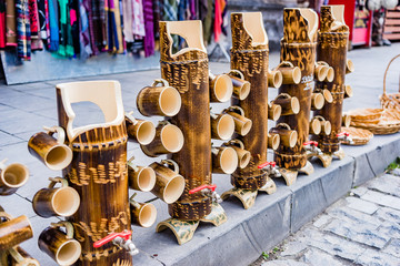 Fototapeta premium Wooden utensils on the counter in Georgia. Environmentally friendly dishes.