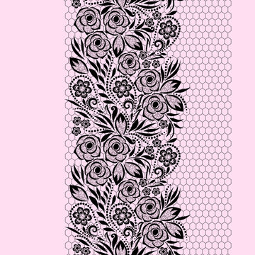 Seamless black and pink lace pattern with paisley and flowers  roses. Traditional ethnic ornament. Vector print. Use for embroidery, pattern fills,textile design.