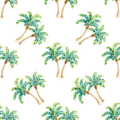 Tropical seamless pattern. Palm trees on white background. Watercolor illustration.
