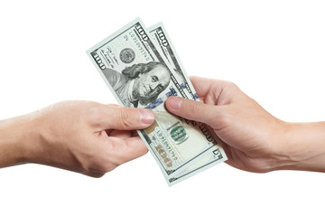 Hands sharing dollars, isolated on white background