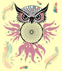 Hand drawn ornate spiritual symbols, totemic and mascot Owl with the dream catcher and mandala. Boho style