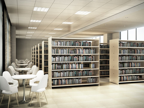 Library room bookshelves tables with chairs light library room 3d render