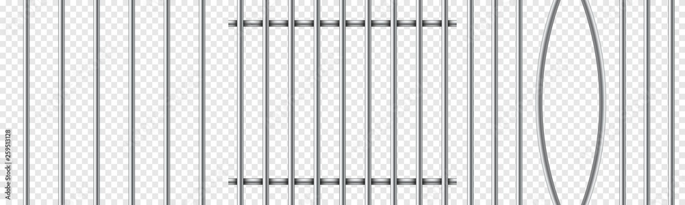 Wall mural Set of realistic prison metal bars isolated on transparent background. Iron jail cage. Prison fence jail. Template design for criminal or sentence.