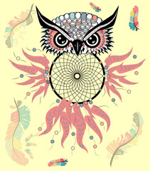Hand drawn ornate spiritual symbols, totemic and mascot Owl with the dream catcher and mandala. Boho style