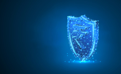 Security shield with Indian Rupee currency symbol abstract neon 3d illustration. Polygonal Raster business concept of safety, money protection. Low poly wireframe, triangles, lines, dots, polygons