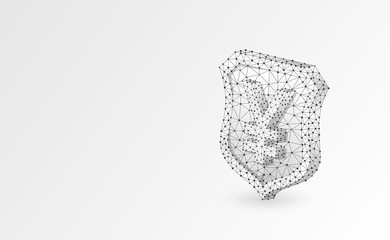 Security shield with Japanese Yen currency symbol abstract origami 3d illustration. Polygonal Raster business concept of safety, money protection. Low poly wireframe, triangles, lines, dots