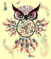 Dreamcatcher with owl. Zentangle. Abstract bird. Line art. Mystic symbol. American Indians symbol. spiritual relaxation for adults.