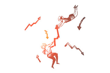 Business, space, suit, arrow, women, fly concept. Hand drawn isolated vector.