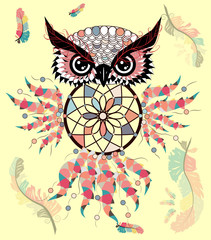 Hand drawn ornate spiritual symbols, totemic and mascot Owl with the dream catcher and mandala. Boho style