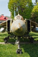 Fragment of a fuselage of an old jet fighter plane 