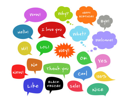 Set of colorful speech bubbles with text.