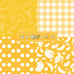 Collection  of seamless pattern with white inverted banana fruits on yellow background. Whole and sliced elements.