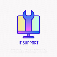 IT support thin line icon: wrench on screen. Modern vector illustration for technical repair.