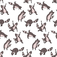 Design seamless pattern with hand drawn raccoon in yoga asana.