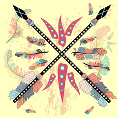colorful illustration with crossed ethnic arrows, feathers and tribal ornament. Boho and hippie style. American indian motifs. Wild and Free poster.