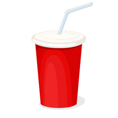 Red cardboard cola cup with a straw isolated on white background. Vector