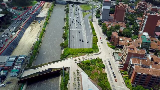 Interesting tilting shot of Parques del R&iacute;o Medell&iacute;n in Conquistadores, Colombia