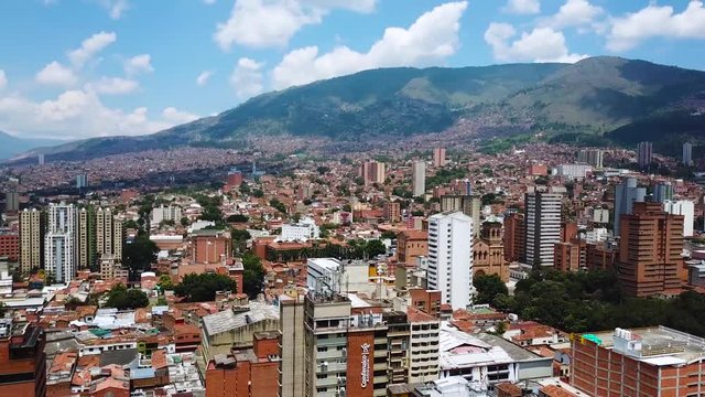 360 panorama aerial shot showing buildings and hills in Medellin city center