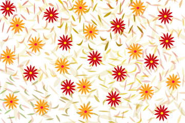 Floral illustration with flowers in red and orange tones on a background full of leaves