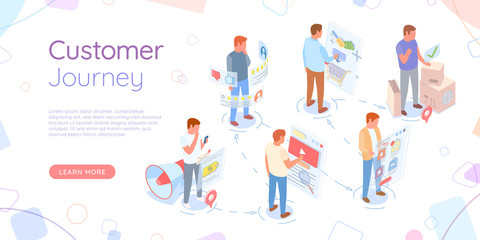 Screen with video sign vector, customer journey website with text and buttons. Social media, engagement in marketing and trade infographics monitor