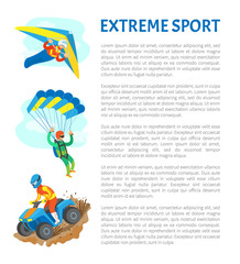 Extreme sports vector, people leading active lifestyle quad biking and skydiving poster with text sample. Adrenaline gaining, hobbies of men at sky
