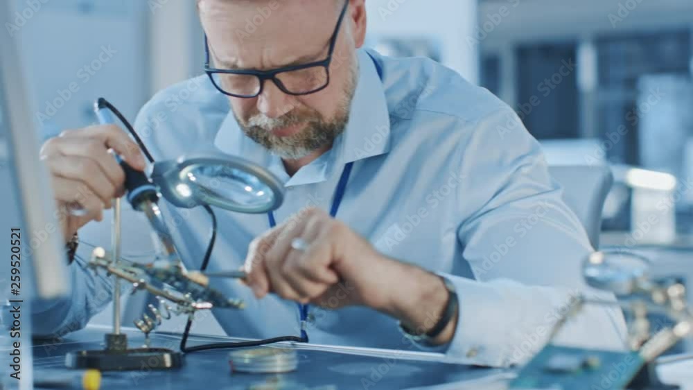 Poster Moving Shot of Electronics Design Engineers Working with Circuit Boards, Doing Maintenance, Checking Quality and Soldering Motherboard Components. Specialists Working in Bright Office