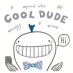 Sierkussen Hand getekende vectorillustratie van een leuke grappige walvis met een slimme telefoon, selfie te nemen, met tekst Cool dude. Geïsoleerde objecten op een witte achtergrond. Lijntekening. Ontwerpconcept voor kinderen afdrukken. © Maria Skrigan
