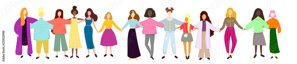 Wall mural a group of women standing together and holding hands. feminists, minded sisters. girl power concept.