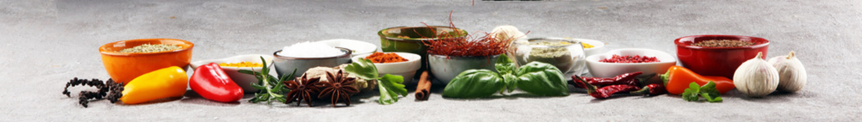 Spices and herbs on table. Food and cuisine ingredients.
