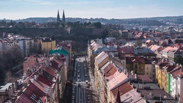 Timelapse of Prague view from Nusle Bridge with Vysehrad Castle in the background, static