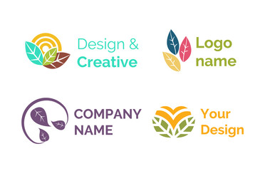 Design and creative logotypes for companies vector, set of isolated icons, emblems with leaves and foliage. Circles and abstract emblems, logo slat style