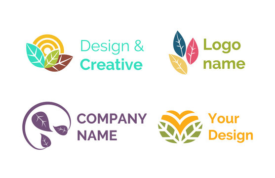 Design and creative logotypes for companies vector, set of isolated icons, emblems with leaves and foliage. Circles and abstract emblems, logo slat style - Powered by Adobe